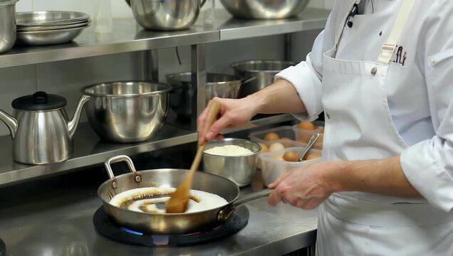 A detailed high quality 4K stock video capturing the start of a home dessert making process where the cook stirred the white sugar in a hot frying pan observing as the sugar melts and caramelizes