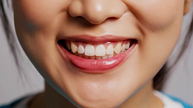 Close up of a woman's face showing her nose and mouth with glossy lipstick application visible well defined 100