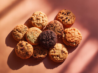 Vegan cookies on a minimal light table, warm afternoon glow, editorial clarity