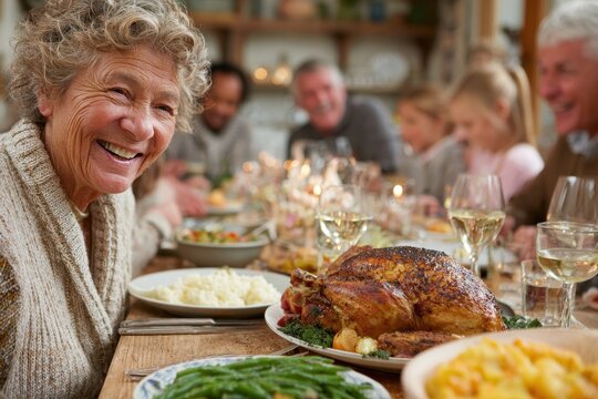 Happy family celebrates Thanksgiving dinner with turkey, wine, and plenty of sides, enjoying each other's company during a festive Holiday at home
