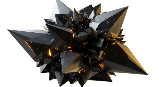 Abstract geometric shapes in black and gray with internal golden glow