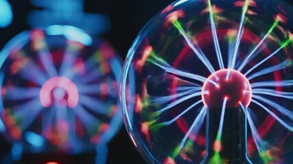 Close up shot of two plasma balls with blue and red light effects against a dark background - Powered by Adobe