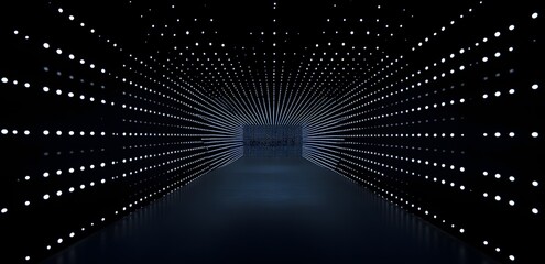 Abstract digital tunnel of glowing white lights receding into a dark infinite futuristic technological cyberspace network background