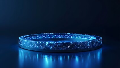 Illuminated circular platform with textured edges emitting bright blue light against a dark gradient background
