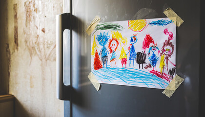 Childs artwork taped to a refrigerator. Colorful drawing of figures, sun, and landscape. Home, family, childhood concept. Authentic, candid, emotive image.