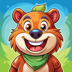 Obraz premium Joyful cartoon bear character with green scarf and leaf
