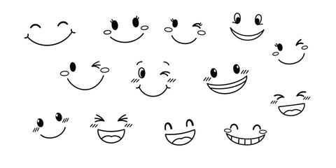 Hand drawn smile faces collection of happy and expressive emoticons.