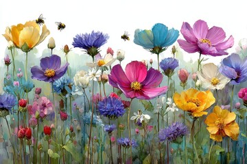 Colorful cosmos flowers bloom in a field on a sunny summer day as a bee flies above the vibrant blossoms against a bright white background