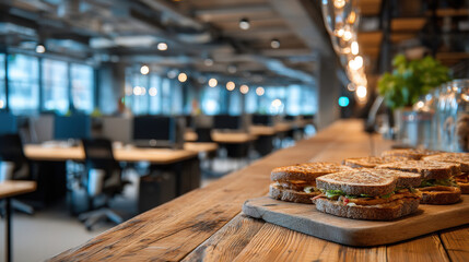 Modern office interior with sandwich counter and blurred workstations in background
