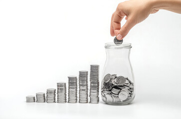 Hand placing coin into glass jar filled with money, with stacked coins forming growth chart on white