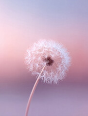 Fototapeta premium Delicate dandelion seed head against a pastel sky. Soft, airy, and peaceful, it evokes dreams, wishes, and springtime. Perfect for nature, beauty or wellness projects.