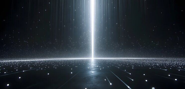 Mysterious bright beam of light descends from above illuminating a dark reflective surface with scattered particles creating an ethereal and futuristic atmosphere - Powered by Adobe