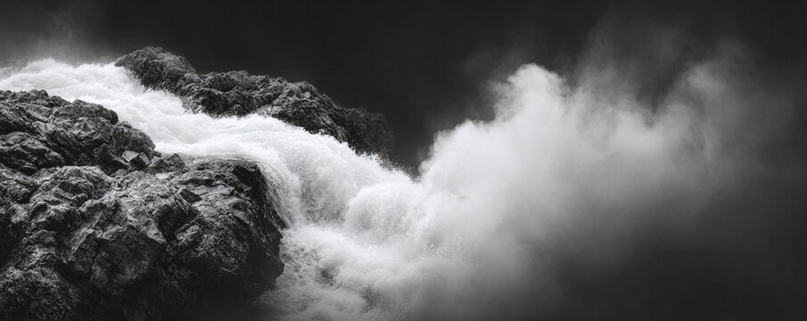Monochrome landscape art, powerful cascade plunging down rugged rocks. Evokes strength, energy  raw nature. Ideal for backgrounds, and impactful visuals. - Powered by Adobe