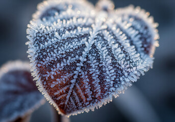 Frost-Covered Autumn Leaf in Macro with Intricate Ice Crystals