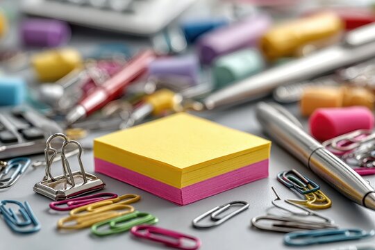 Close-up of colorful office supplies with pink and yellow sticky notes, mechanical pencils, and silver paper clips on a desk