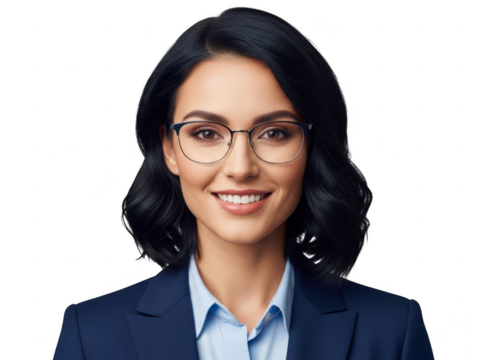 Portrait of a confident young professional businesswoman with dark hair and glasses smiling, isolated on transparent background