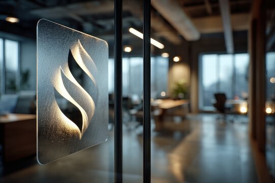Close-up of door with company logo at Wm Shorqe office building entrance during daytime with view of modern waiting area and large windows