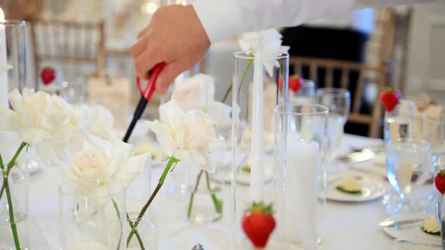 The close up footage of scene of served table with glasses, plates, and candles at the celebration party. Female hand of wedding coordinator or party lighting candles on table