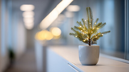 Naklejka premium Small potted Christmas tree decorated with warm white fairy lights on a modern windowsill with blurred background