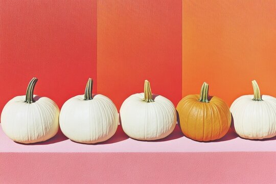 Autumn minimalist decor with white and orange pumpkins against vibrant background for seasonal design