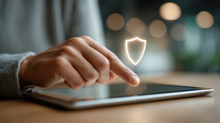 Tablet displaying a security dashboard with an abstract shield hologram in a modern office