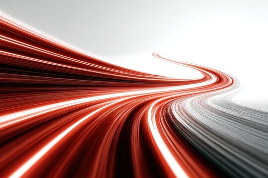 Abstract red and white light streaks move and curve dynamically through space on a gradient white and gray background