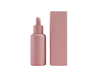 Matte pink cosmetic dropper bottle with matching rectangular packaging box mockup isolated on transparent background