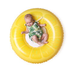 Cute little baby on inflatable ring against white background, top view