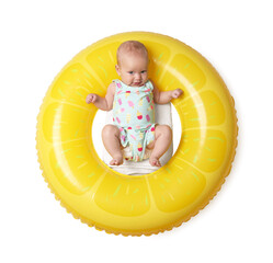 Cute little baby on inflatable ring against white background, top view