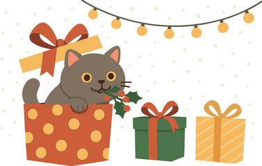 A British Christmas cat inside a gift box nibbles at holiday decorations while surrounded by gift boxes against a snowy, lighted winter backdrop, featured on a New Year greeting card with space for