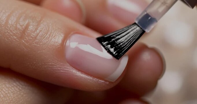 Applying clear base coat nail polish on natural nail macro.