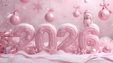Festive Pink Winter Wonderland Greeting for New Year 2026 with Snowman and Christmas Ornaments