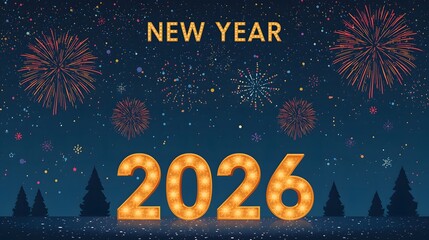Vibrant New Year 2026 Celebration with Dazzling Fireworks and Illuminated Marquee Numbers