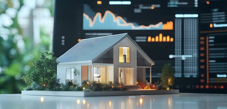 Illuminated miniature house model on a reflective surface with financial charts and graphs displayed on a computer screen in the background - Powered by Adobe