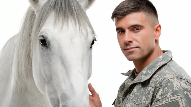 Soldier gentle interaction with white horse in studio setting