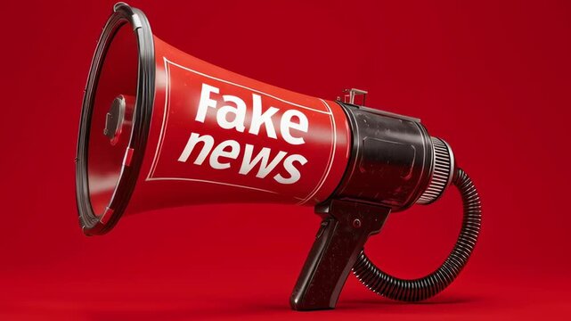 A red megaphone with the words Fake News written on it. Concept of urgency and importance, as if the speaker is trying to get people's attention and warn them about false information