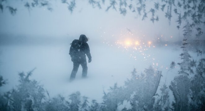 Lone person walking through snowstorm seen through frosty window