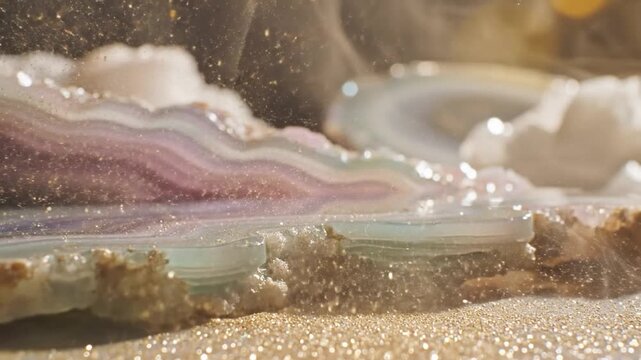 Closeup of a shimmering geode with colorful layers and golden glitter