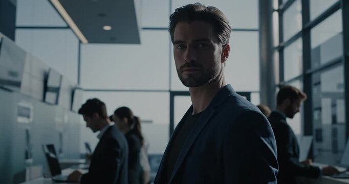  Businessman waiting in line at modern bank branch with minimalist architecture.