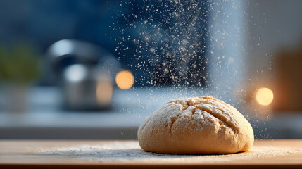 Freshly baked round bread loaf dusted with flour on wooden surface with kitchen background and falling flour particles