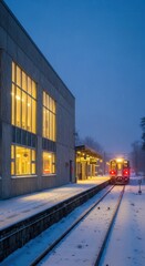 Obraz premium Train arriving at snowy station platform during winter evening