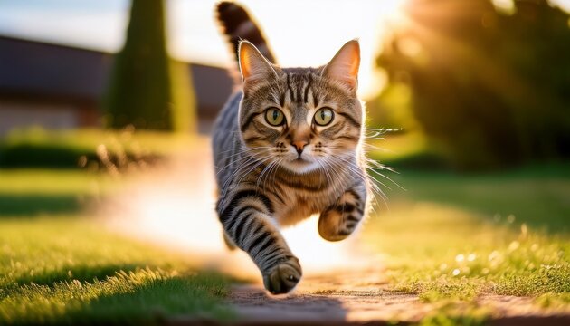 a dynamic image of a tabby cat in mid run showcasing its agility and playful spirit capturing the essence of feline energy and the beauty of motion in a vivid imagery