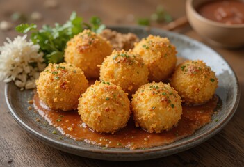 A close-up, high-angle shot of six perfectly fried, golden arancini or risotto balls resting in a rich, flavorful tomato sauce. 