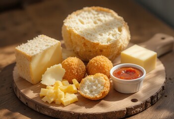 A delicious rustic platter featuring different types of cheese, including cubes and blocks, alongside deep-fried cheesy balls, a loaf of fresh white bread, and a side of dipping sauce. 