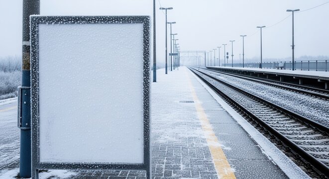 Snow-covered train station platform with blank billboard