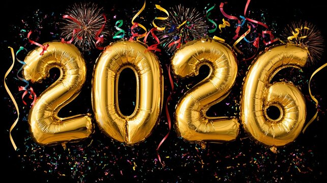 Celebrate 2026 with festive golden balloons and sparkling fireworks, perfect for New Year's Eve parties and milestone events, full of joy!
