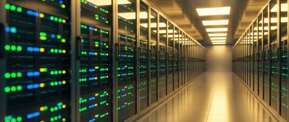 Corridor of network server racks in a high-tech data center