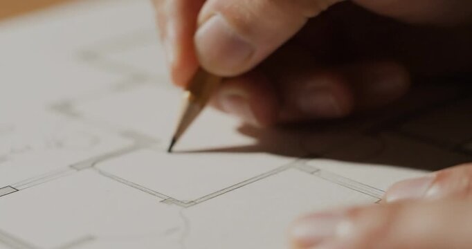 Close up of interior designer hand sketching architectural plan with pencil on paper.