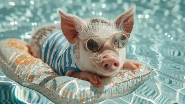 A pig wearing sunglasses and a striped shirt is laying on a pool float. The scene is playful and lighthearted, with the pig looking like it's having fun in the water