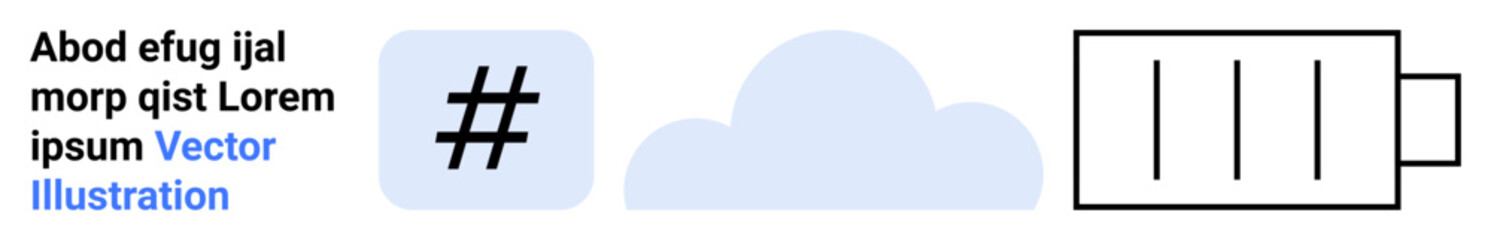 metadata tag, cloud shape, and battery outline symbolize web trends, data storage, energy, and technology. Ideal for innovation, future tech, social media data computing energy use simple landing